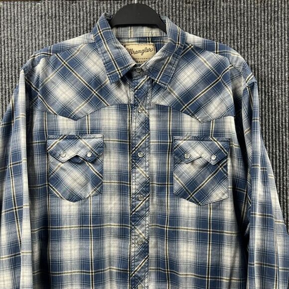 VTG Wrangler Shirt Mens XL Western Fashion Blue Plaid Pearl Snaps Cowboy‎ Rodeo - Picture 2 of 16